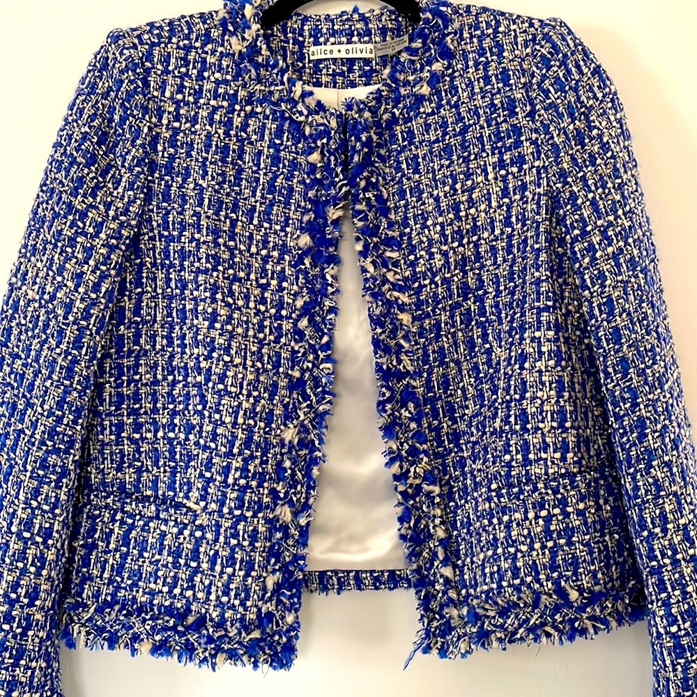 Alice + Olivia Blue and White Tweed Blazer